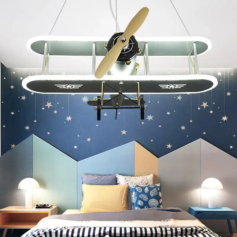 Decorbites™ children’s aircraft led chandelier with metallic body and wooden propeller for boys room lighting