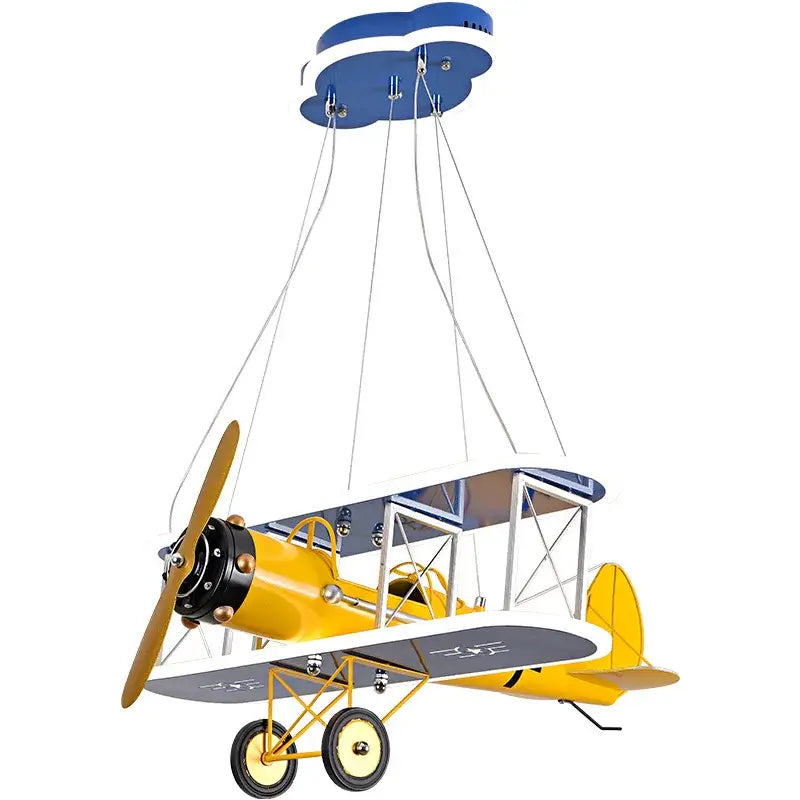 Decorbites™ yellow and blue vintage-style aircraft led chandelier shaped like a biplane with cloud mounting plate for boys room