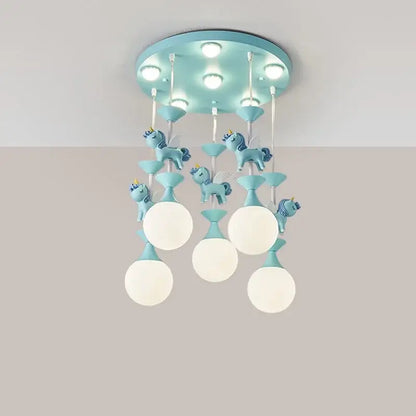 Decorbites™ nordic princess carousel led chandelier with light blue finish, spherical bulbs, and unicorn figurines pendant light