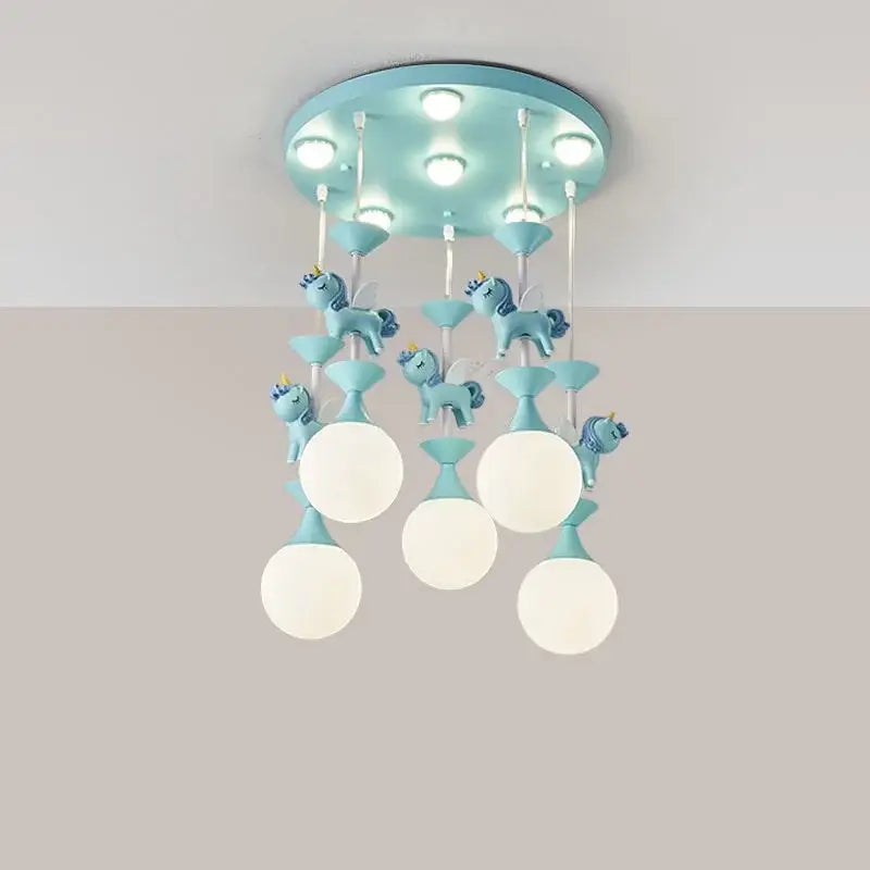 Decorbites™ nordic princess carousel led chandelier with light blue finish, spherical bulbs, and unicorn figurines pendant light
