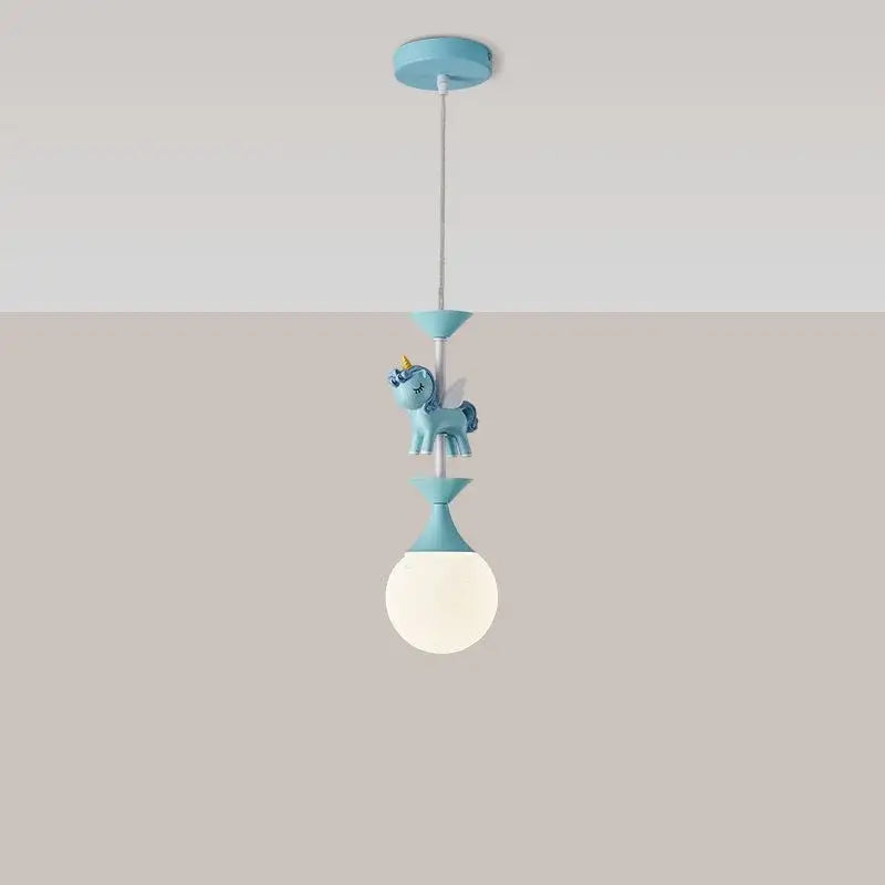 A light blue unicorn-themed decorbites™ children’s carousel led chandelier with matte finish and frosted glass bulb