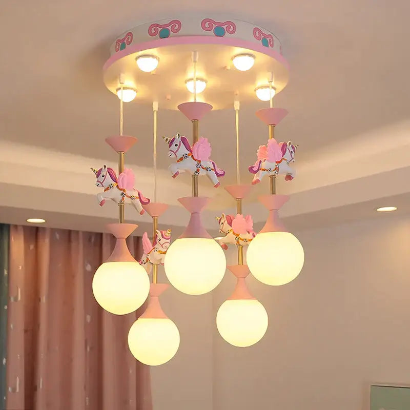 Pastel pink and white unicorn-themed decorbites children’s carousel led chandeliers with frosted glass shades for living room