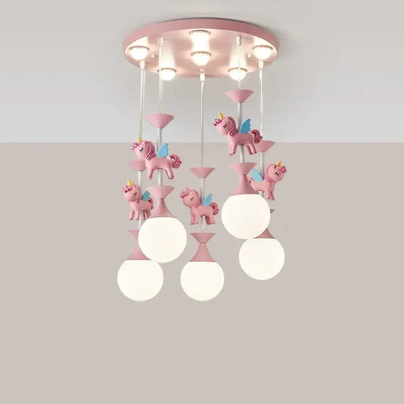 Decorbites™ children’s pink unicorn-themed carousel led chandelier with spherical bulbs and pastel pink figurines for living room