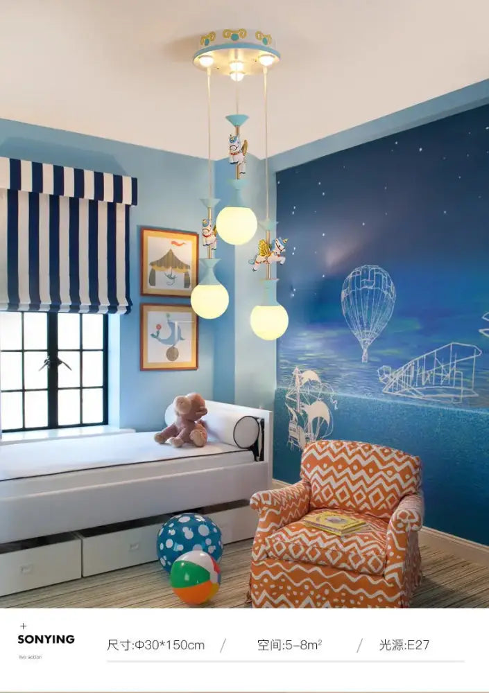 Decorbites™ children’s carousel led chandeliers feature pastel blue and white elements with spherical bulbs for living rooms