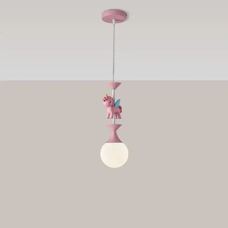 Pink unicorn-themed DecorBites™ children’s carousel led chandelier with frosted glass shade and pink plastic fixtures