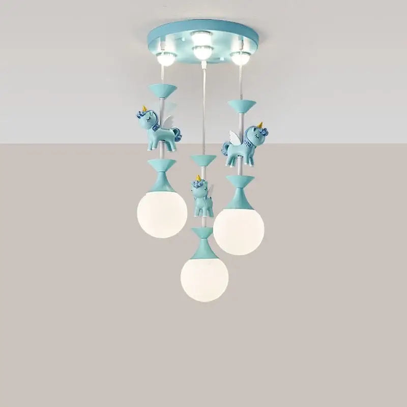 Light blue unicorn-themed carousel led chandelier with three white glass shades and decorative figurines for children’s rooms