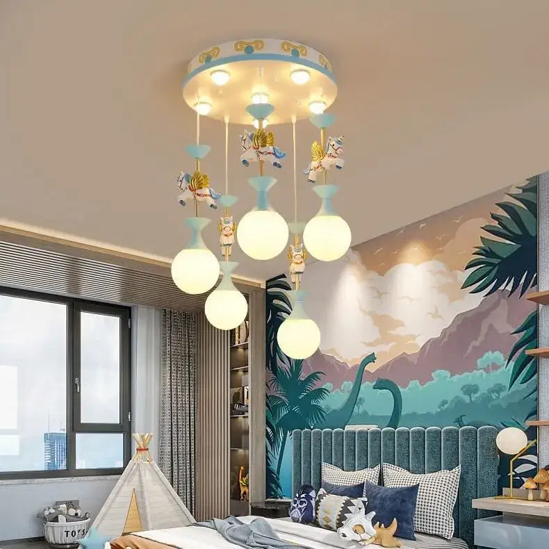 DecorBites™ children’s carousel led chandelier with blue and white base and colorful unicorn-adorned arms for living room