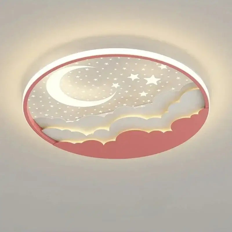 Decorbites™ children’s led ceiling lamp with pink and white crescent moon, stars, and cloud designs for nursery lighting