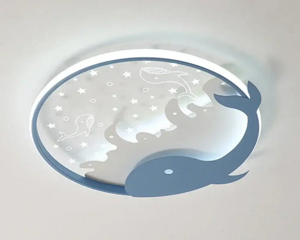 Decorbites™ children’s led ceiling lamp featuring a blue whale-themed oval design with star and fish decals for nursery use