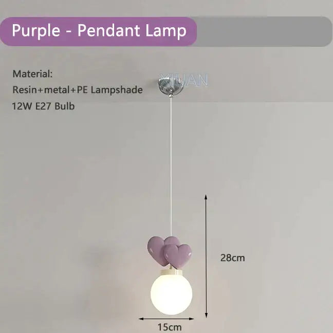 Decorbites™ purple love wall lamp with heart-shaped resin accents and spherical pe lampshade for kids nursery decor