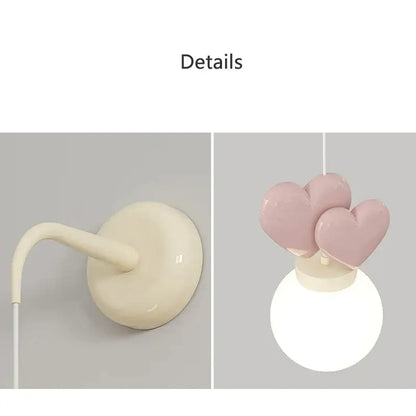 Pastel pink ceramic heart pendant love wall lamp with cream base and spherical bulb for nursery room decor