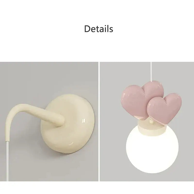 Pastel pink ceramic heart pendant love wall lamp with cream base and spherical bulb for nursery room decor