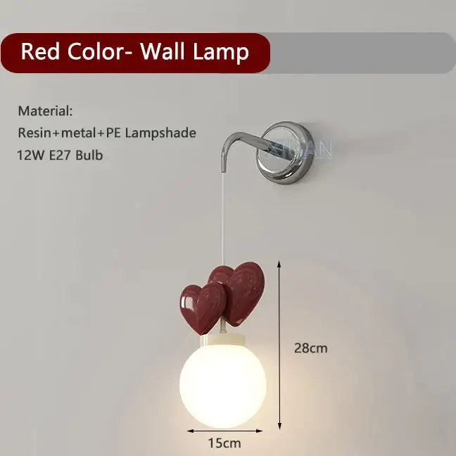 Red heart-shaped resin love wall lamp with chrome mount and white spherical lampshade for kids nursery decor
