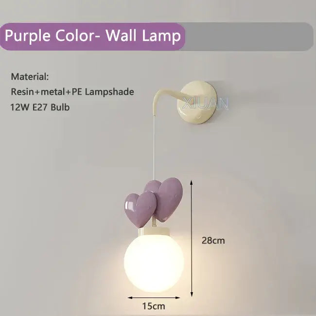 Purple heart-shaped love wall lamp with resin and metal construction and frosted glass shade for kids room decor