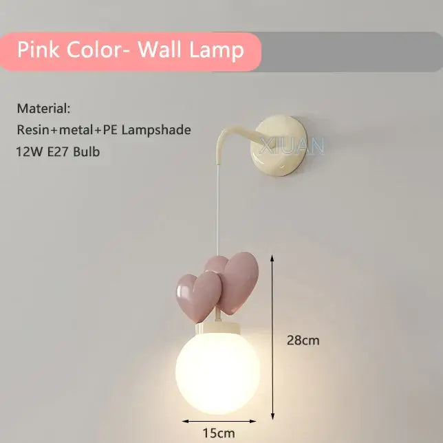 DecorBites™ pink resin and metal love wall lamp with frosted glass shade for children nursery room decor