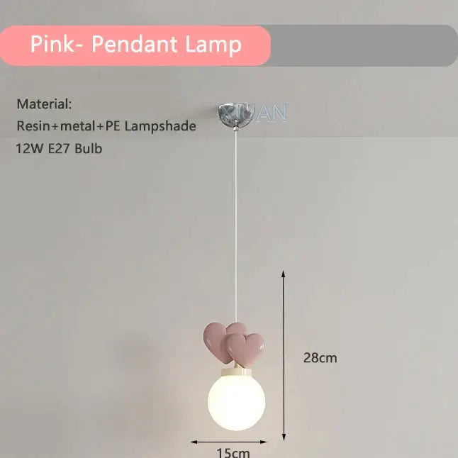 Pink DecorBites™ love wall lamp with three heart-shaped resin accents and white pe lampshade for kids nursery decor