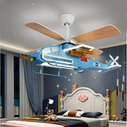 DecorBites™ children’s room airplane helicopter fan light in blue with wooden blades and gold accents fan light