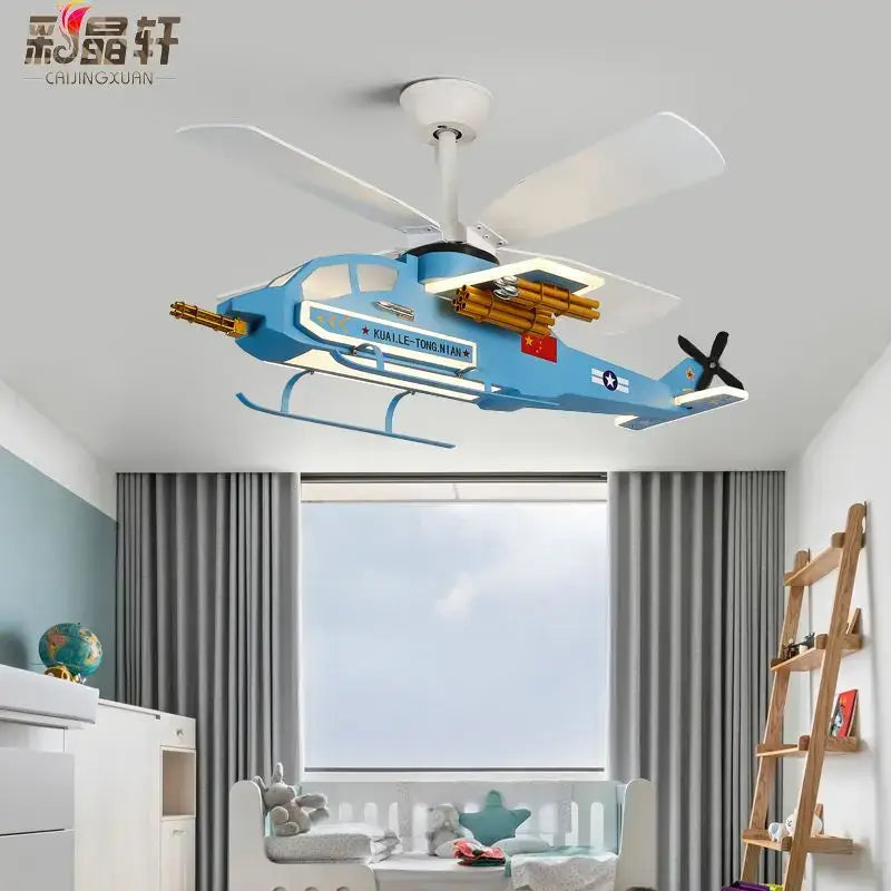 Blue DecorBites™ children’s room airplane helicopter fan light with white blades gold accents and chinese flag emblem