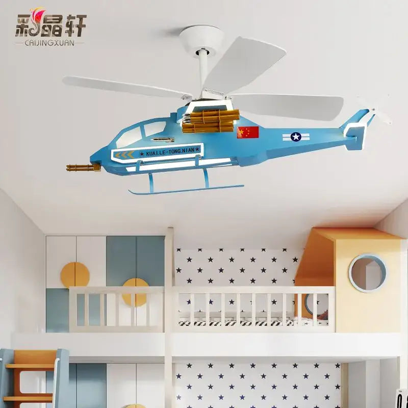 Decorbites™ blue helicopter-themed room airplane helicopter fan light with white blades gold accents and chinese flag emblem