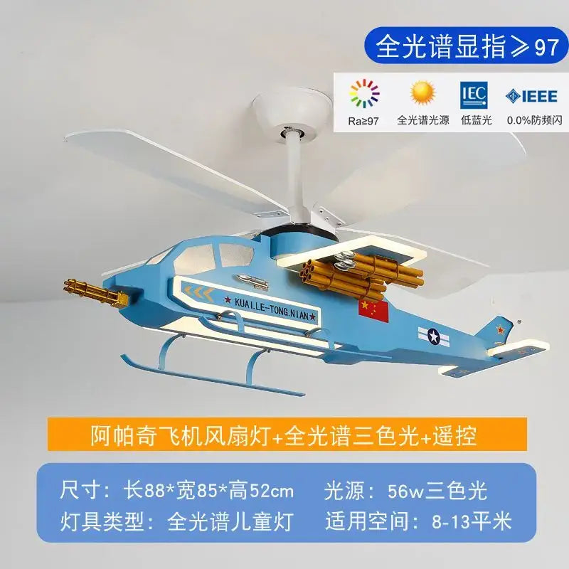 DecorBites™ blue room airplane helicopter fan light with white accents and gold gun barrels for children’s bedrooms