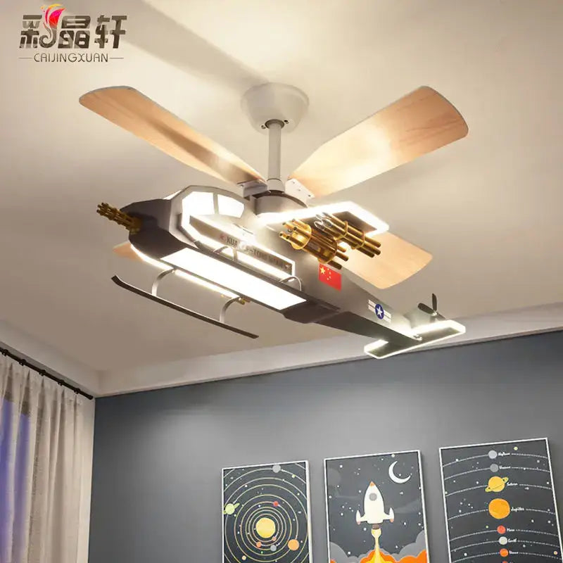 DecorBites™ sleek gray and gold room airplane helicopter fan light with wooden blades and integrated led lighting for boys bedroom