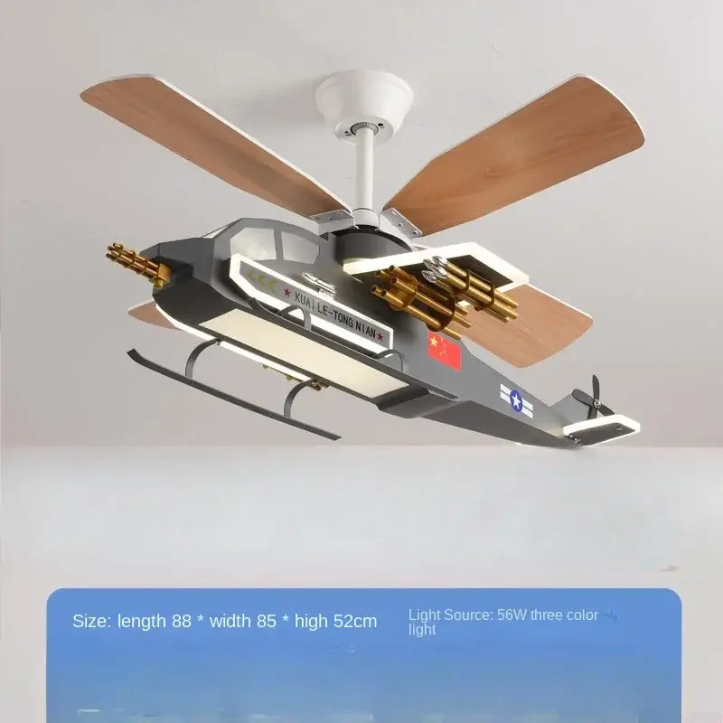 DecorBites™ children’s room airplane helicopter fan light with gray white design wooden blades gold gun barrels and chinese flag decal