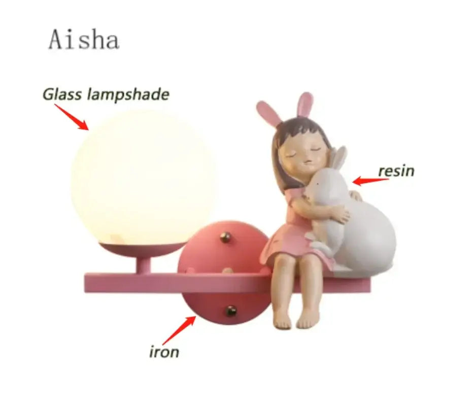 Pink resin figurine wall lamp with bunny ears hugging white rabbit on iron base for children’s room bedside lamp