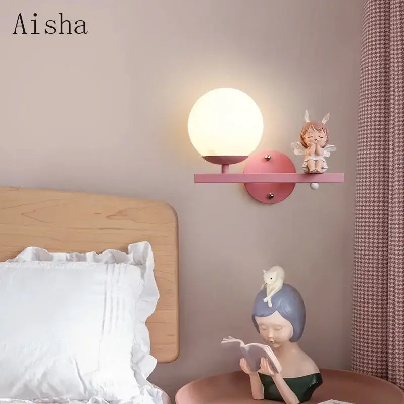 Pink spherical wall lamp with flat shelf and decorative fairy figurine for creative cartoon eye protection bedside use