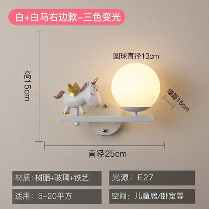 White unicorn-themed wall lamp with gold accents and frosted glass globe creative cartoon eye protection room bedside lamp