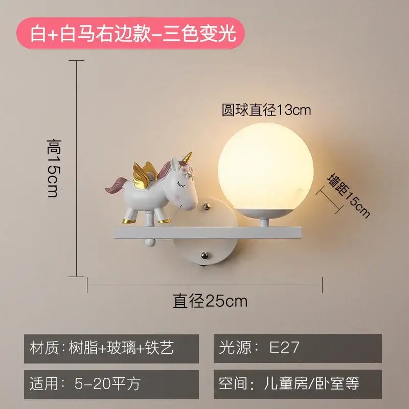 White unicorn-themed wall lamp with gold accents and frosted glass globe creative cartoon eye protection room bedside lamp