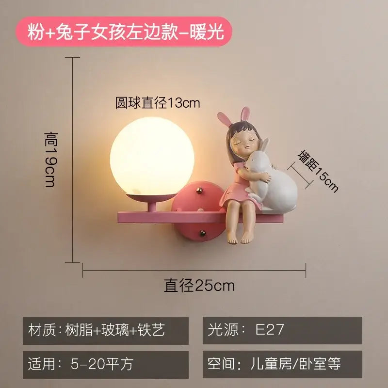 DecorBites™ pink resin wall lamp featuring a creative cartoon girl with bunny ears hugging a rabbit, warm glow bedside lamp