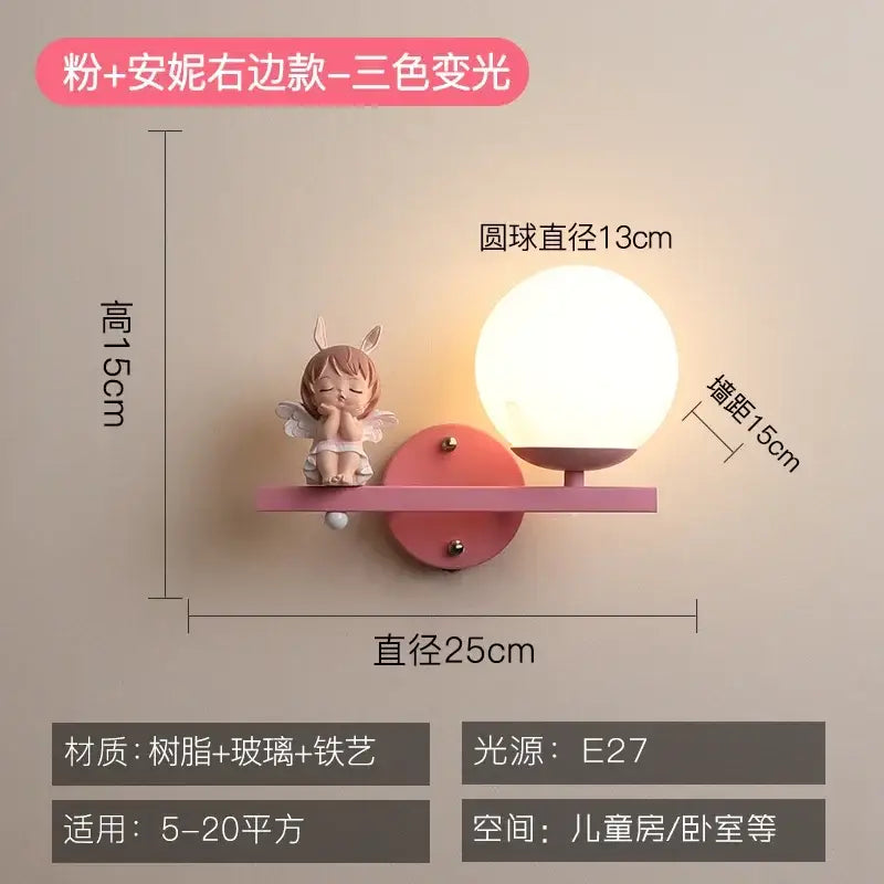 Pink wall lamp with spherical glass lamp and small angel figurine for creative cartoon eye protection bedside use