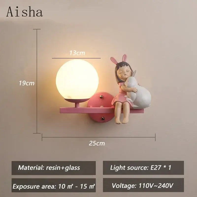 Pink resin and glass wall lamp with a creative cartoon eye design of a girl with bunny ears hugging a white rabbit, room bedside lamp