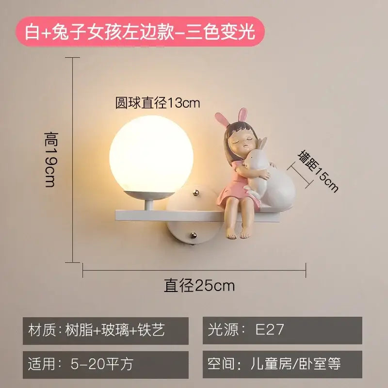 White resin wall lamp with cute girl bunny design illuminated by e27 bulb for creative cartoon eye protection room bedside lamp