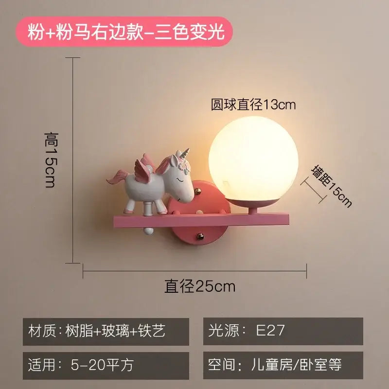 Decorbites™ pink unicorn-themed wall lamp with spherical glass globe and resin figurine for children’s room bedside lamp