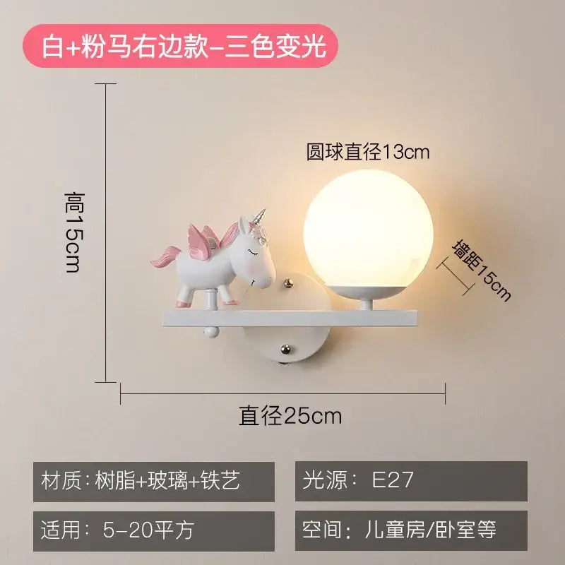 Decorbites children’s room bedside lamp white unicorn resin wall lamp with spherical glass globe and three-color changing light