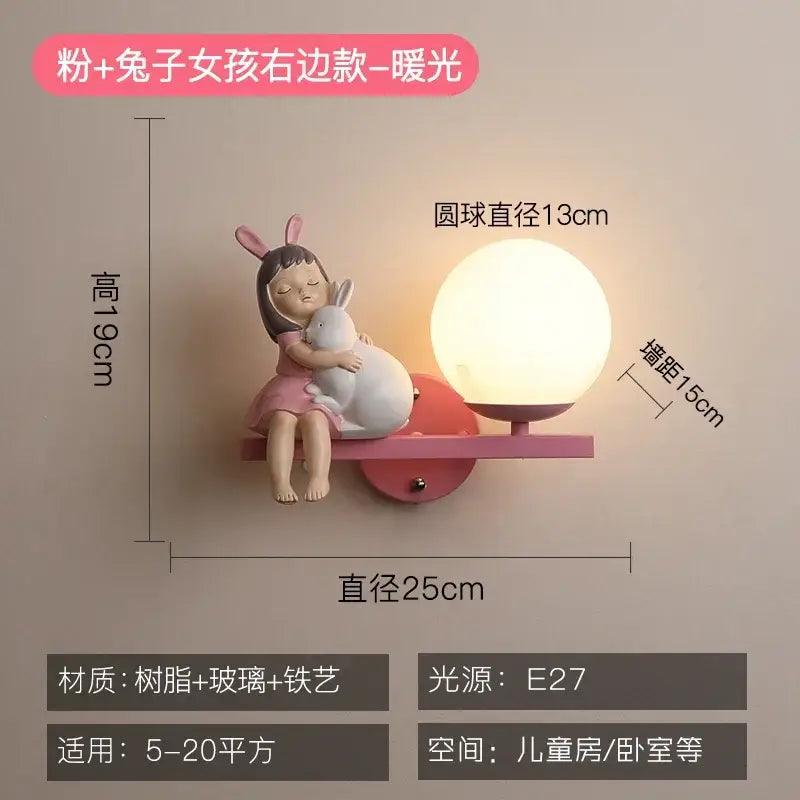 Pink resin wall lamp with sleeping girl hugging white rabbit and warm glowing spherical glass lamp for bedside use