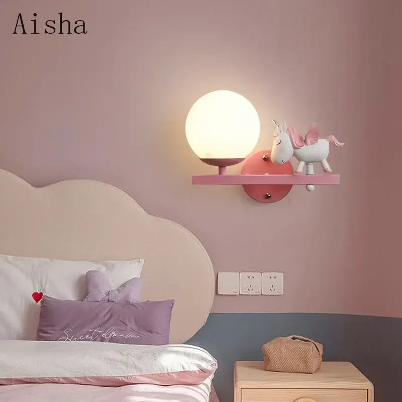 Decorbites™ pink unicorn-themed creative cartoon eye protection led wall lamp with frosted glass globe and wooden shelf