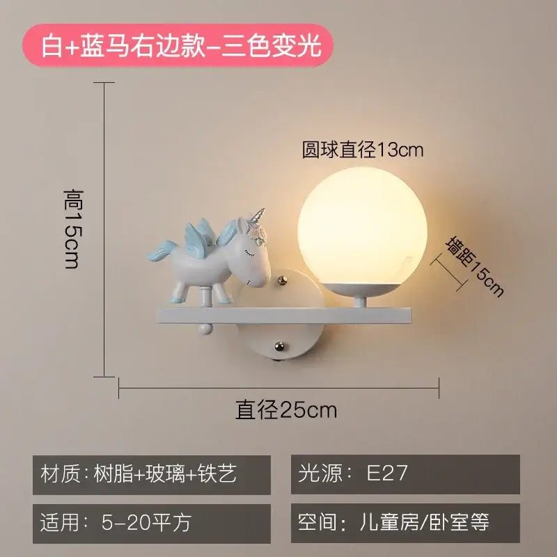 White unicorn-shaped wall lamp with spherical glass globe, three-color lighting, resin, glass, and iron for bedside use