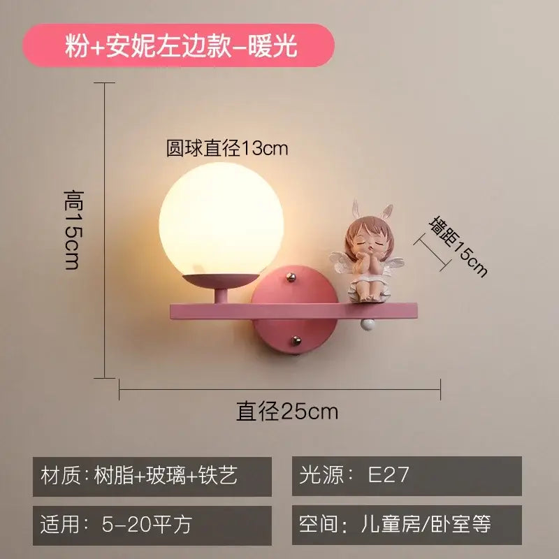 Pink resin wall lamp with frosted glass globe and angel figurine for creative cartoon eye protection bedside lamp