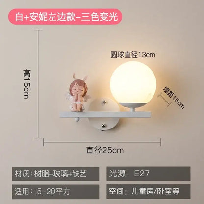 White wall lamp with spherical glass globe and cartoon angel figurine for DecorBites™ creative cartoon eye protection room bedside lamp