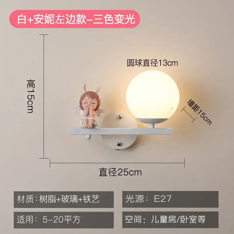 White wall lamp with spherical glass globe and cartoon angel figurine for DecorBites™ creative cartoon eye protection room bedside lamp