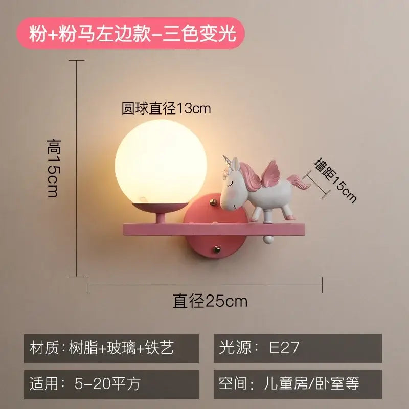 Pink unicorn-themed wall lamp with round frosted glass globe resin finish for children’s room bedside lamp creative cartoon eye protection