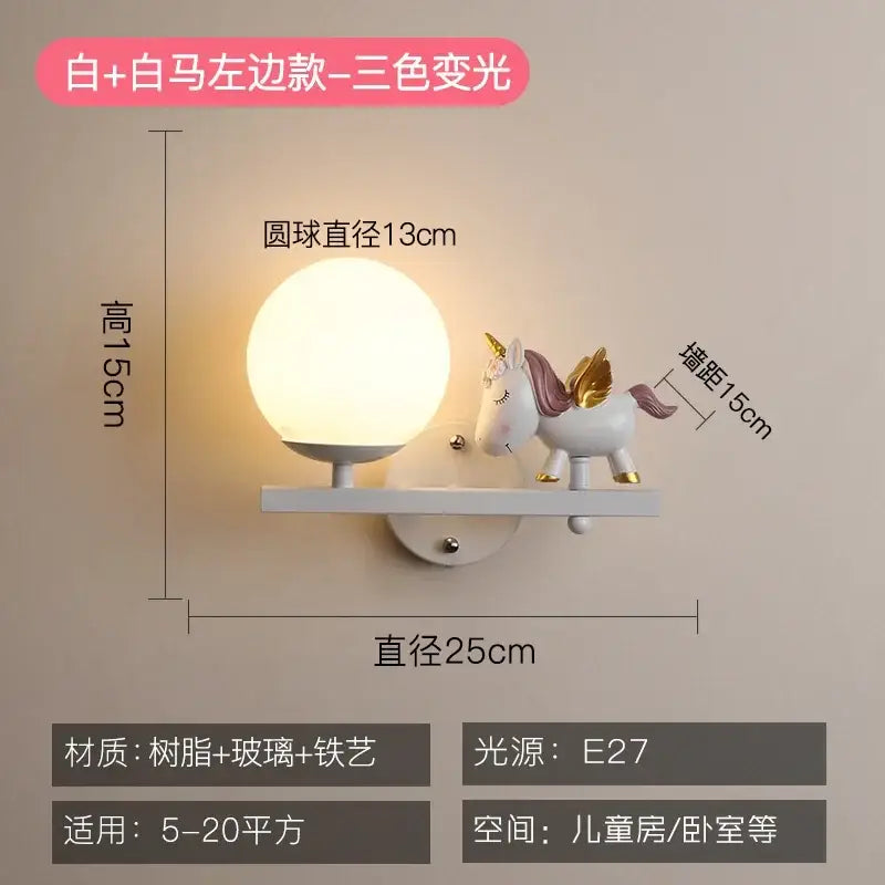 White unicorn-themed wall lamp with spherical glass globe and metallic accents for children’s room bedside lamp eye protection
