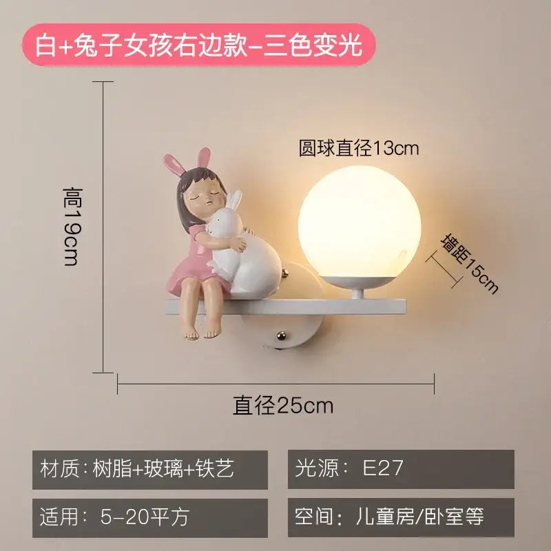 White resin wall lamp with cute girl hugging bunny and spherical glass globe emitting soft three-color light for room bedside lamp