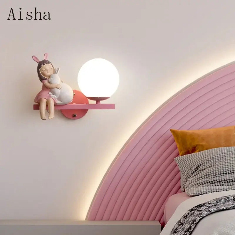 Decorbites™ pink wall lamp with spherical white light and girl hugging bunny figurine creative cartoon eye bedside lamp
