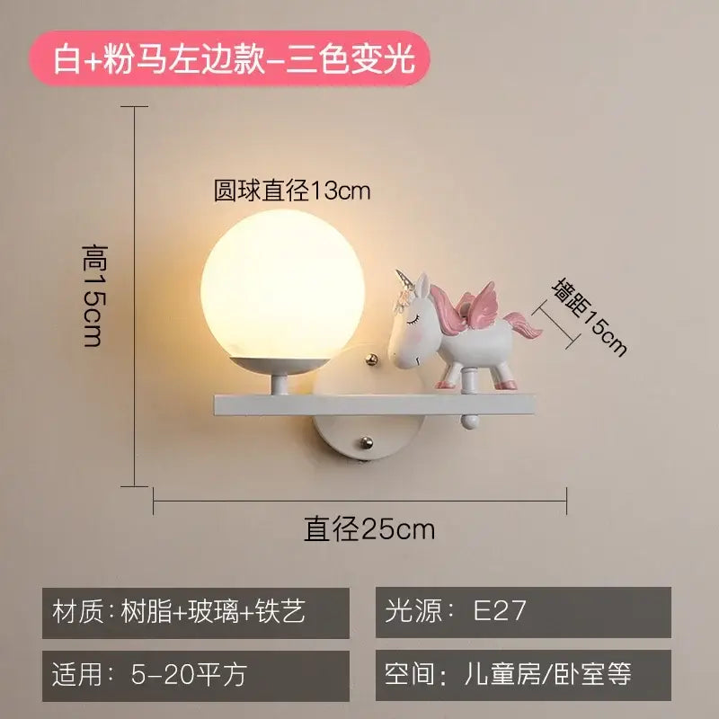 DecorBites™ creative cartoon eye wall lamp with white and pink resin unicorn body and frosted glass globe bedside lamp