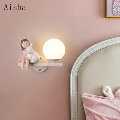 DecorBites™ pink bunny-themed wall lamp with matte white spherical lamp and resin figurine for children’s room bedside lamp