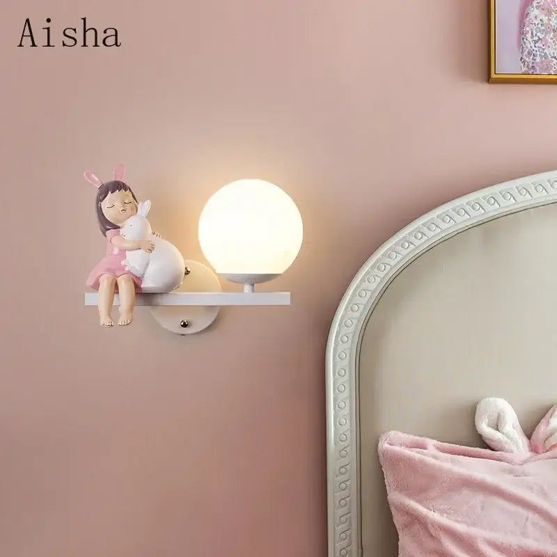 DecorBites™ pink bunny-themed wall lamp with matte white spherical lamp and resin figurine for children’s room bedside lamp