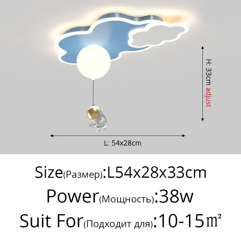 Decorbites™ children’s room ceiling chandelier light shaped like blue cloud with astronaut and dimmable glowing orb